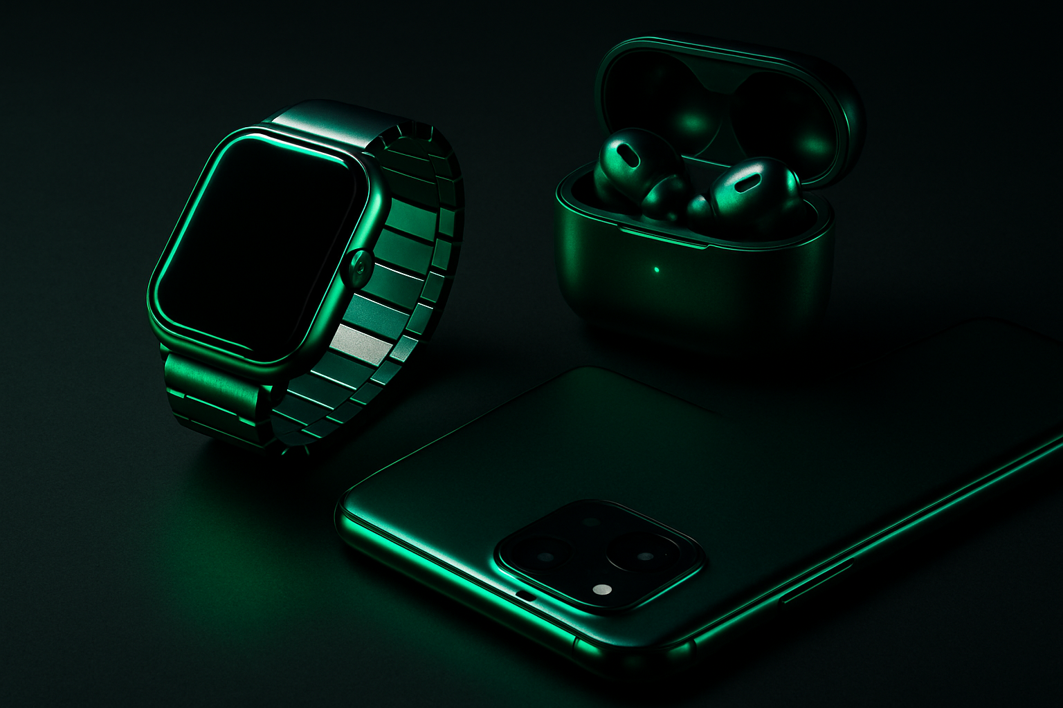 Fondo oscuro o neutro (gris grafito o negro mate).

Smartwatch o conjunto de gadgets (reloj + auriculares + móvil).

Iluminación suave con reflejos metálicos o verdes (#00FF80 para mantener tu color de marca).

Sin texto dentro de la imagen (Shopify pondrá el texto encima).
