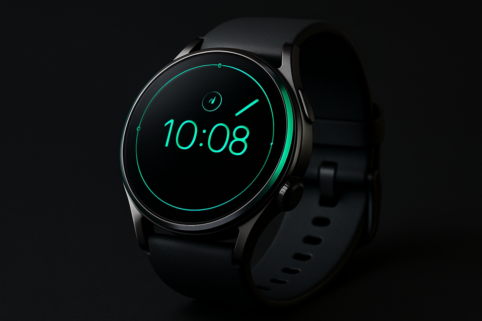 Fondo oscuro o neutro (gris grafito o negro mate).

Smartwatch (reloj 

Iluminación suave con reflejos metálicos o verdes (#00FF80 para mantener tu color de marca).

Sin texto dentro de la imagen (Shopify pondrá el texto encima).
